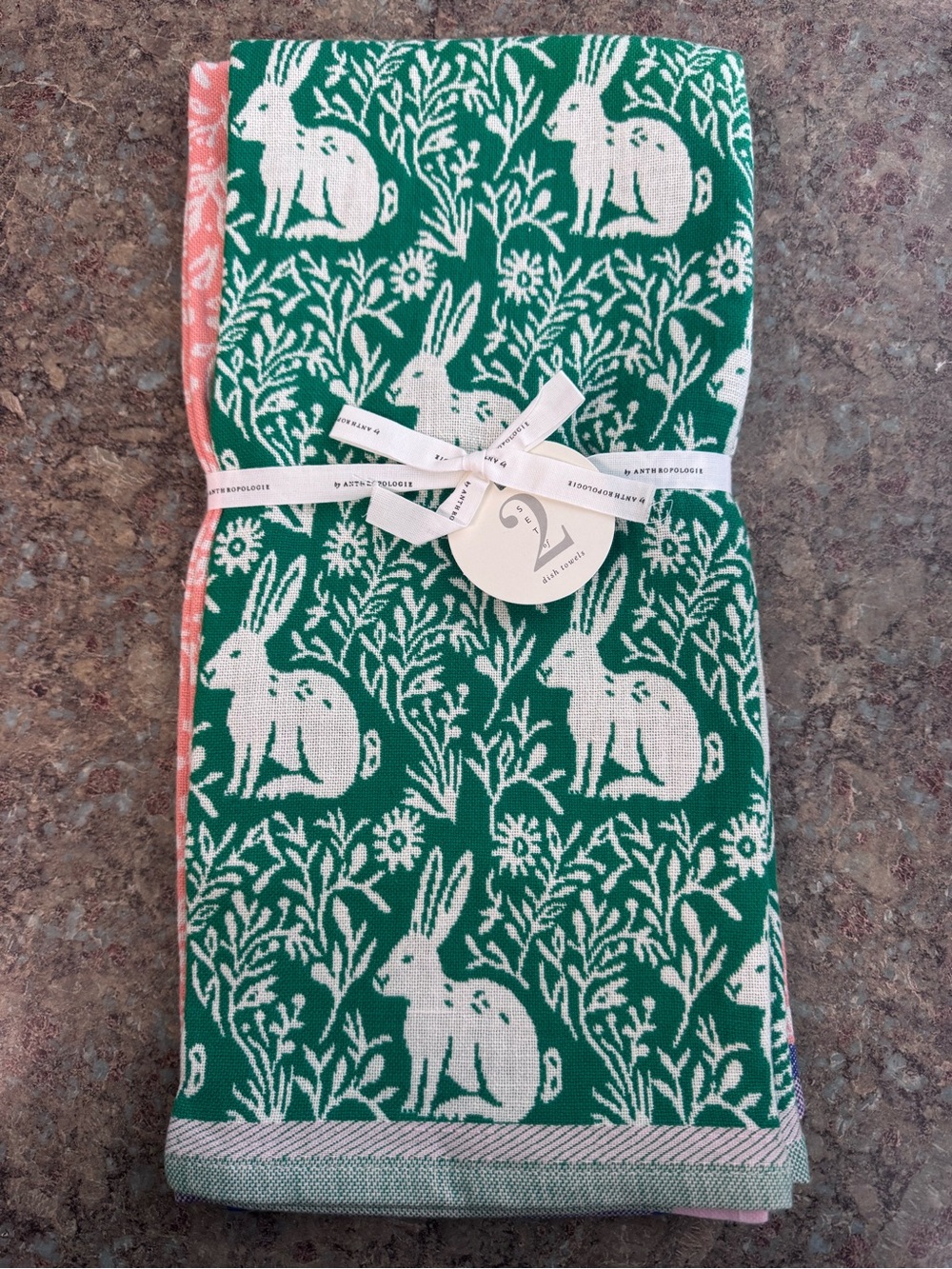 Anthropologie Bunny & Chicken Jacquard Kitchen Towels Green/White & Orange/White